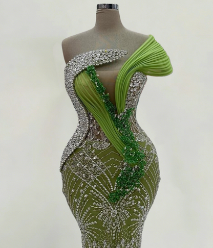 Lovely One Shoulder Crystals Mermaid Evening Dresses Sequins Beading Prom Dress AP6303