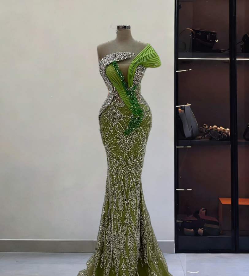 Lovely One Shoulder Crystals Mermaid Evening Dresses Sequins Beading Prom Dress AP6303