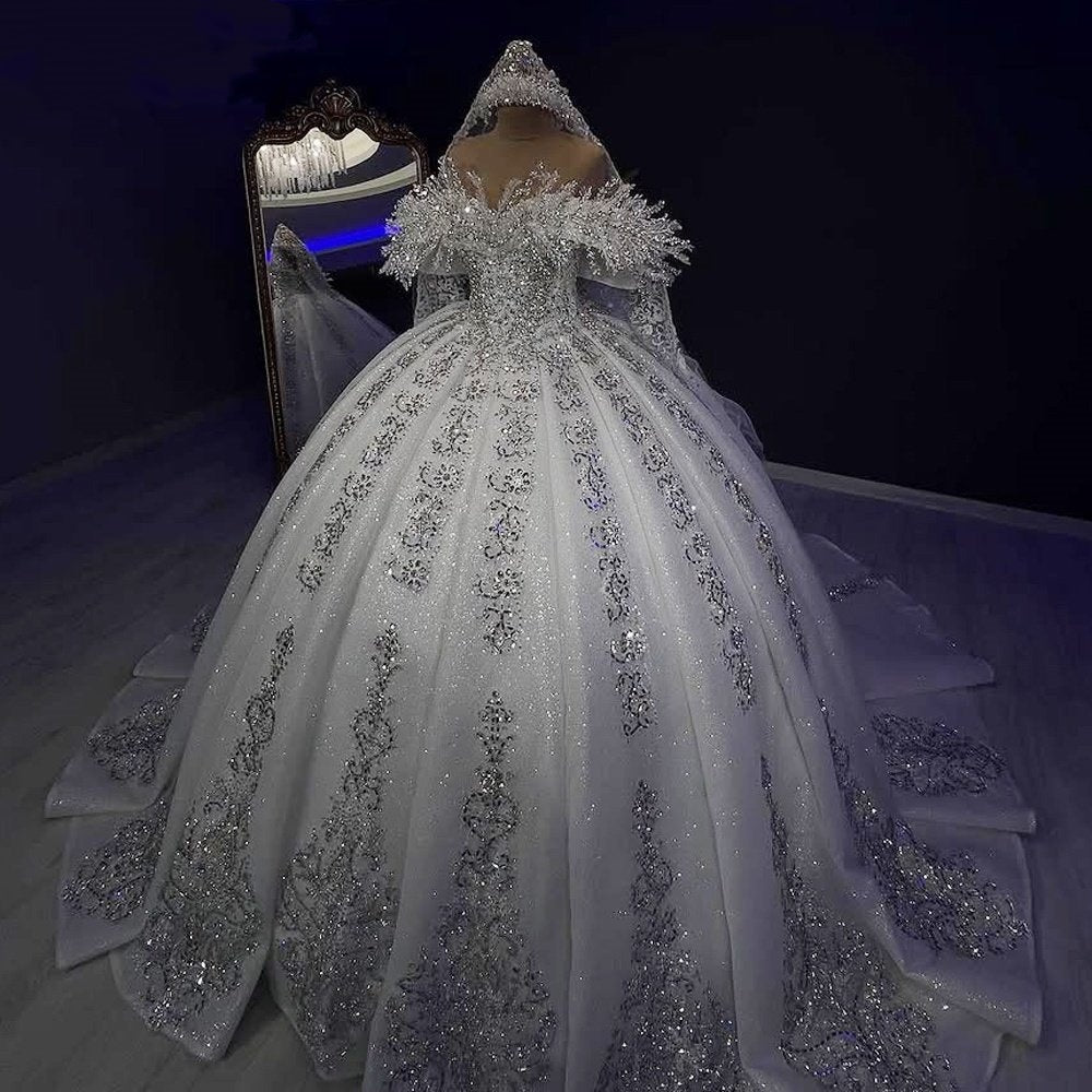 Refined A-Line Off-Shoulder Beading Sequins Engagement Gowns Rhinestones Wedding Dress AP6304