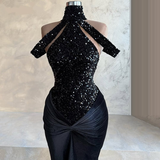 Beautiful Sheath Halter Neck Evening Gowns Sequins Black Prom Dress AP6305