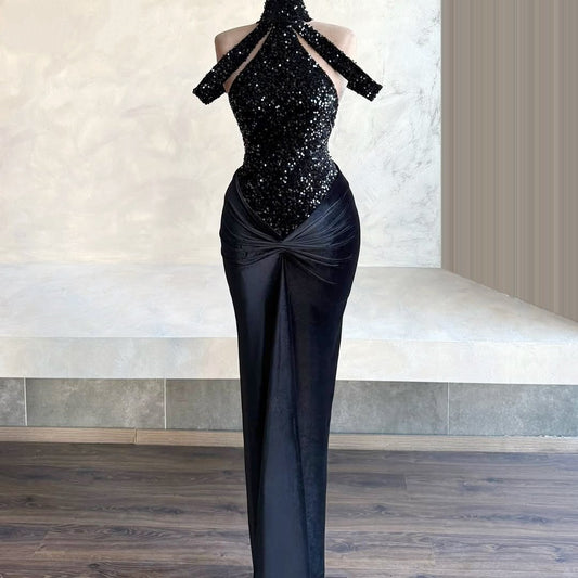 Beautiful Sheath Halter Neck Evening Gowns Sequins Black Prom Dress AP6305