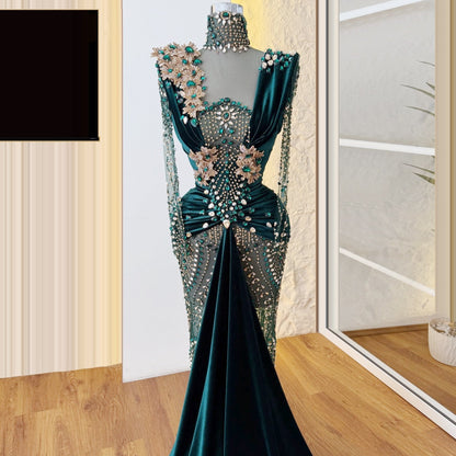 Enchanting Sheath High Collar Long Sleeve Evening Gowns Crystals Beading Prom Dress AP6306