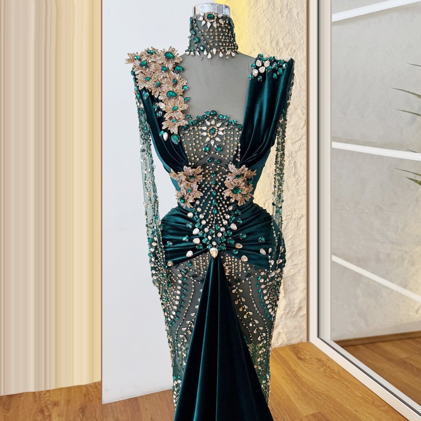 Enchanting Sheath High Collar Long Sleeve Evening Gowns Crystals Beading Prom Dress AP6306