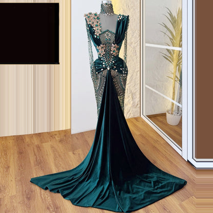 Enchanting Sheath High Collar Long Sleeve Evening Gowns Crystals Beading Prom Dress AP6306