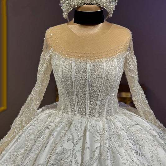 Superb A-Line Illusion Neck Satin Bridal Gowns Long Sleeve Sequins Beading Wedding Dress AP6307