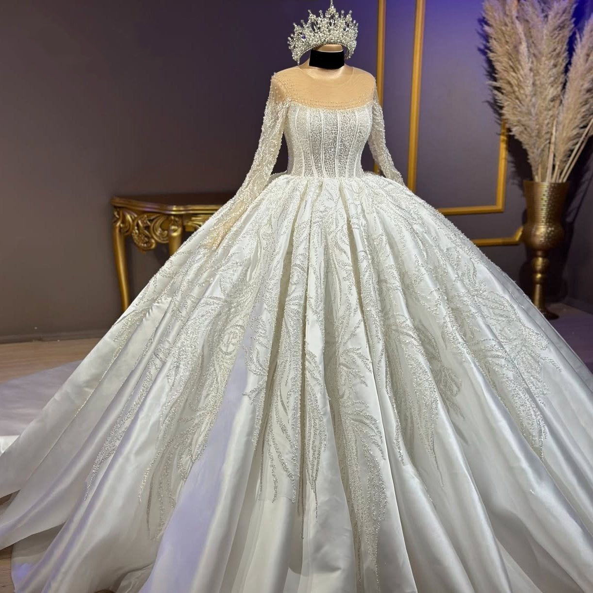Superb A-Line Illusion Neck Satin Bridal Gowns Long Sleeve Sequins Beading Wedding Dress AP6307