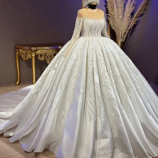 Superb A-Line Illusion Neck Satin Bridal Gowns Long Sleeve Sequins Beading Wedding Dress AP6307