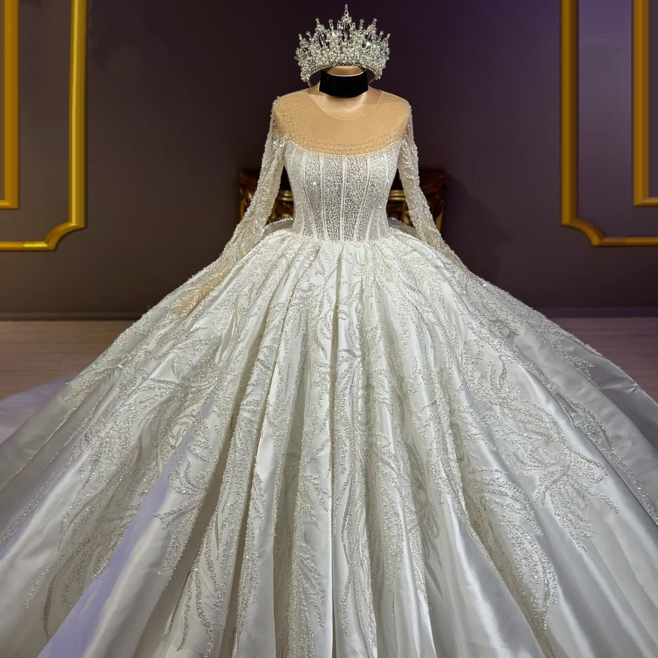 Superb A-Line Illusion Neck Satin Bridal Gowns Long Sleeve Sequins Beading Wedding Dress AP6307