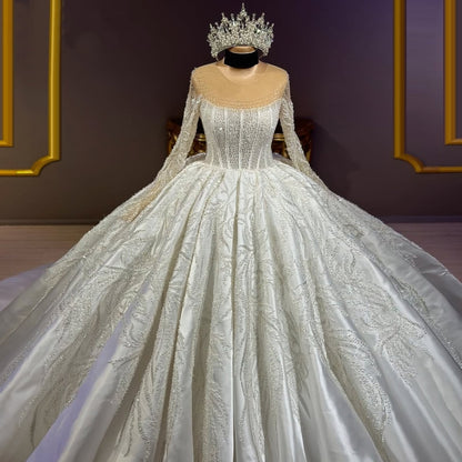 Superb A-Line Illusion Neck Satin Bridal Gowns Long Sleeve Sequins Beading Wedding Dress AP6307