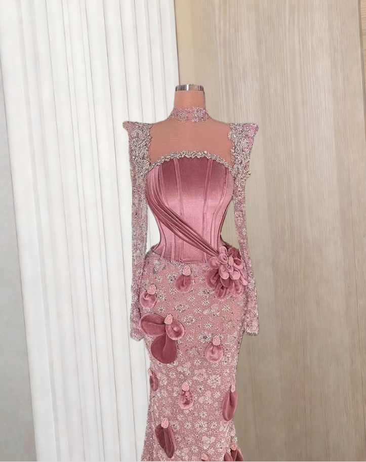 Wonderful Square Neck Sheer Long Sleeve Mermaid Evening Dresses Sequins Beading 3D Appliques Prom Dress AP6308