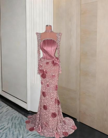Wonderful Square Neck Sheer Long Sleeve Mermaid Evening Dresses Sequins Beading 3D Appliques Prom Dress AP6308