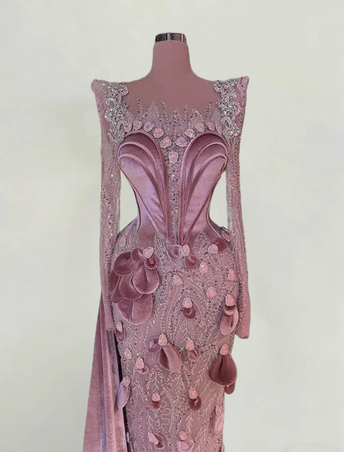 Amazing Sheath Illusion Neck 3D Appliques Evening Gowns Crystals Sequins Long Sleeve Prom Dress AP6309