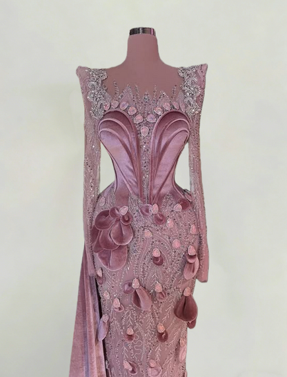 Amazing Sheath Illusion Neck 3D Appliques Evening Gowns Crystals Sequins Long Sleeve Prom Dress AP6309