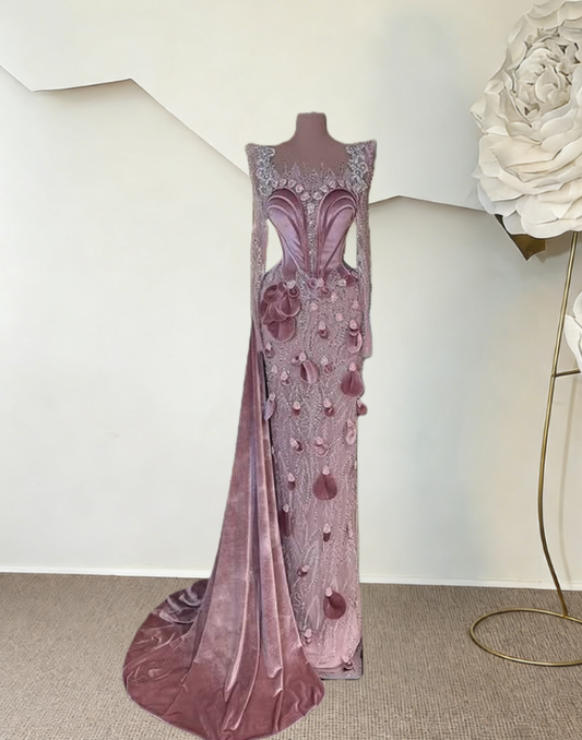 Amazing Sheath Illusion Neck 3D Appliques Evening Gowns Crystals Sequins Long Sleeve Prom Dress AP6309