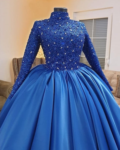Boho-Inspired A-Line High Collar Long Sleeve Sweet 16th Dresses Sequins Crystals Prom Dress AP6311