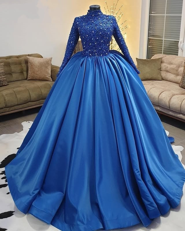 Boho-Inspired A-Line High Collar Long Sleeve Sweet 16th Dresses Sequins Crystals Prom Dress AP6311