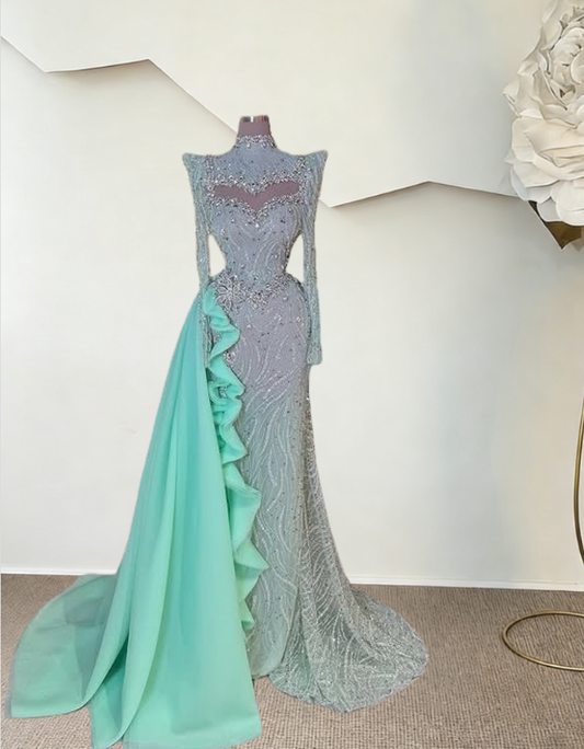 Fascinating Sheer Long Sleeve High Collar Mermaid Evening Dresses Cutout Crystals Sequins Prom Dress AP6312