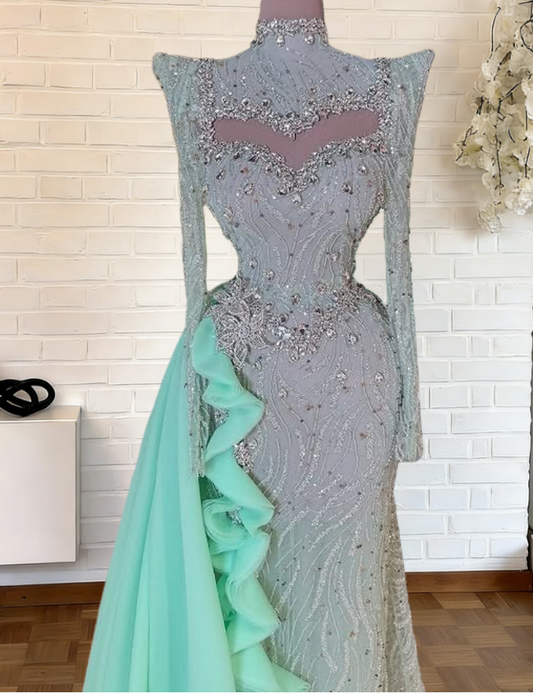 Fascinating Sheer Long Sleeve High Collar Mermaid Evening Dresses Cutout Crystals Sequins Prom Dress AP6312