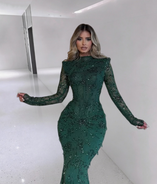 Splendid Long Sleeve Jewel Neck Mermaid Evening Dresses Green Sequins Prom Dress AP6313