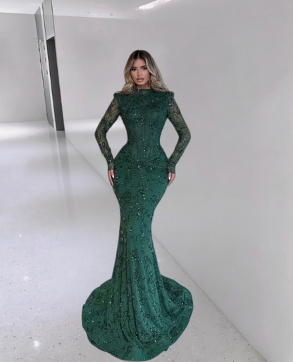 Splendid Long Sleeve Jewel Neck Mermaid Evening Dresses Green Sequins Prom Dress AP6313