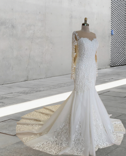 Enticing Illusion Neck Bridal Mermaid Dress Sheer Long Sleeve Appliques Sequins Wedding Dress AP6314
