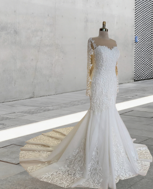 Enticing Illusion Neck Bridal Mermaid Dress Sheer Long Sleeve Appliques Sequins Wedding Dress AP6314