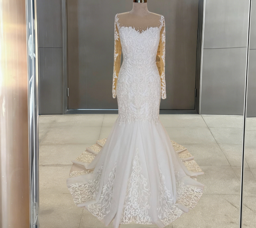 Enticing Illusion Neck Bridal Mermaid Dress Sheer Long Sleeve Appliques Sequins Wedding Dress AP6314