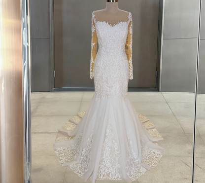 Enticing Illusion Neck Bridal Mermaid Dress Sheer Long Sleeve Appliques Sequins Wedding Dress AP6314