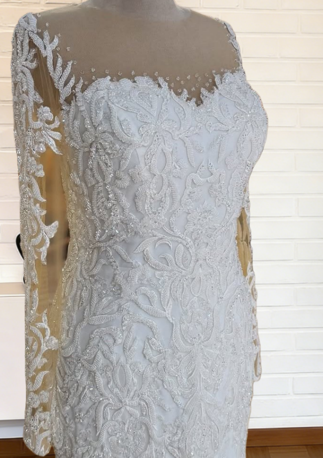 Enticing Illusion Neck Bridal Mermaid Dress Sheer Long Sleeve Appliques Sequins Wedding Dress AP6314