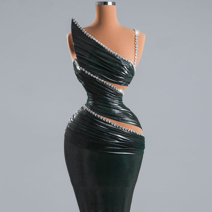 Shiny One Shoulder Sheath Evening Gowns Beading Cutout Prom Dress AP6315