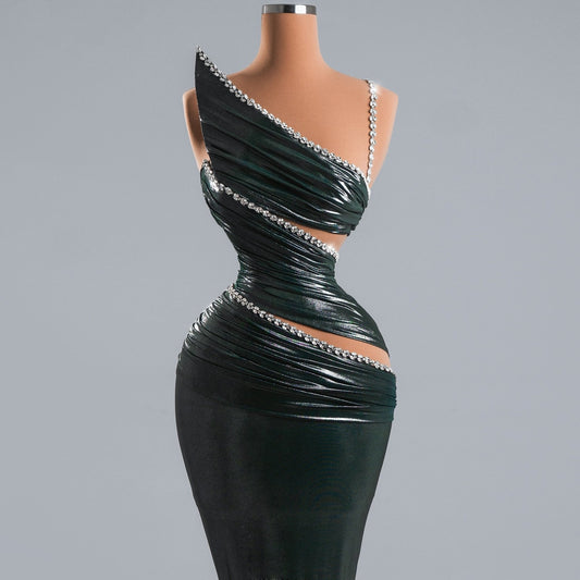 Shiny One Shoulder Sheath Evening Gowns Beading Cutout Prom Dress AP6315