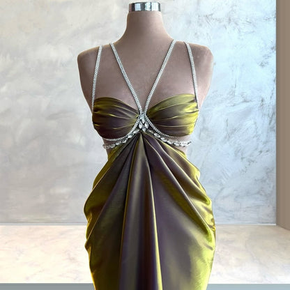Avant-Garde Beading Spaghetti Straps Long Evening Dresses Crystals Mermaid Prom Dress AP6316