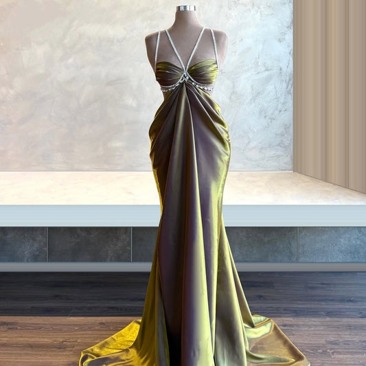 Avant-Garde Beading Spaghetti Straps Long Evening Dresses Crystals Mermaid Prom Dress AP6316
