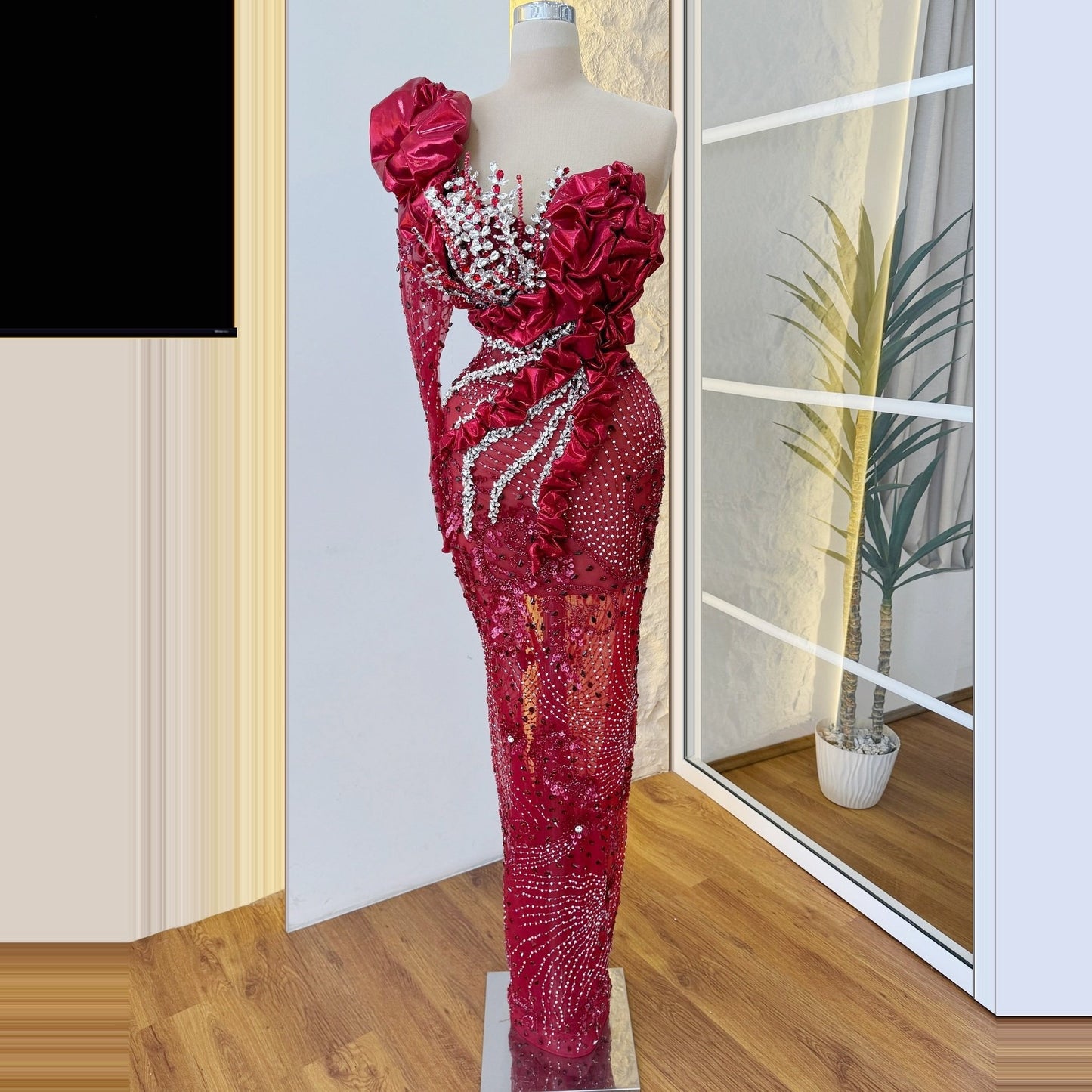 Eye-Catching One Shoulder Sheath Beading Evening Gowns Handmade Flowers Rhinestones Long Sleeve Prom Dress AP6317