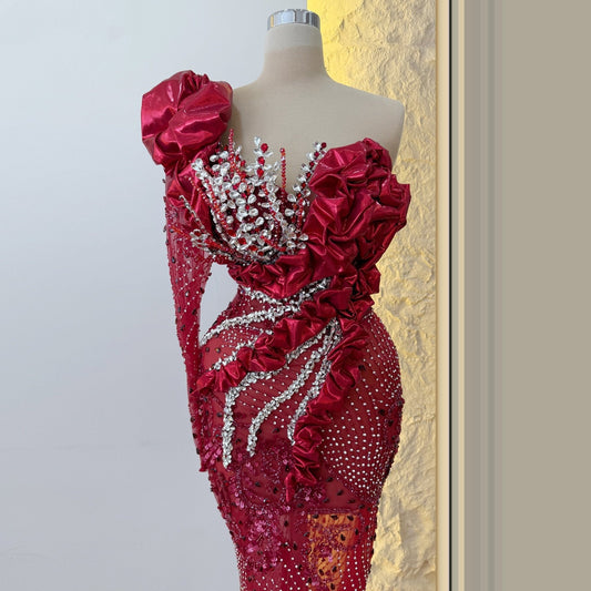 Eye-Catching One Shoulder Sheath Beading Evening Gowns Handmade Flowers Rhinestones Long Sleeve Prom Dress AP6317
