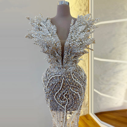Fresh V Neck Rhinestones Sheath Evening Gowns Beading Sequins Prom Dress AP6318