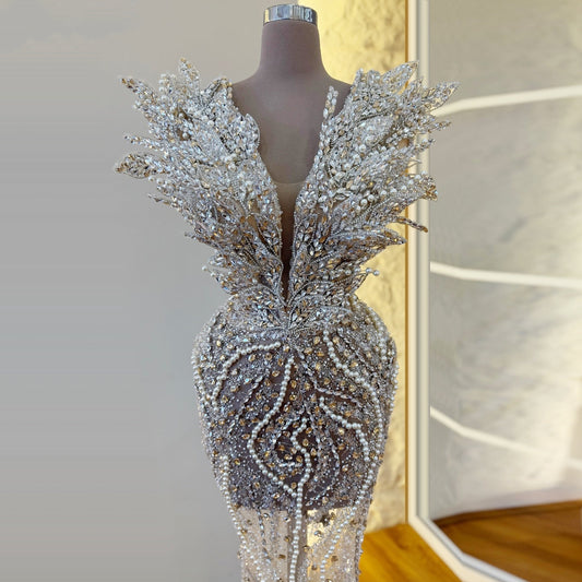 Fresh V Neck Rhinestones Sheath Evening Gowns Beading Sequins Prom Dress AP6318