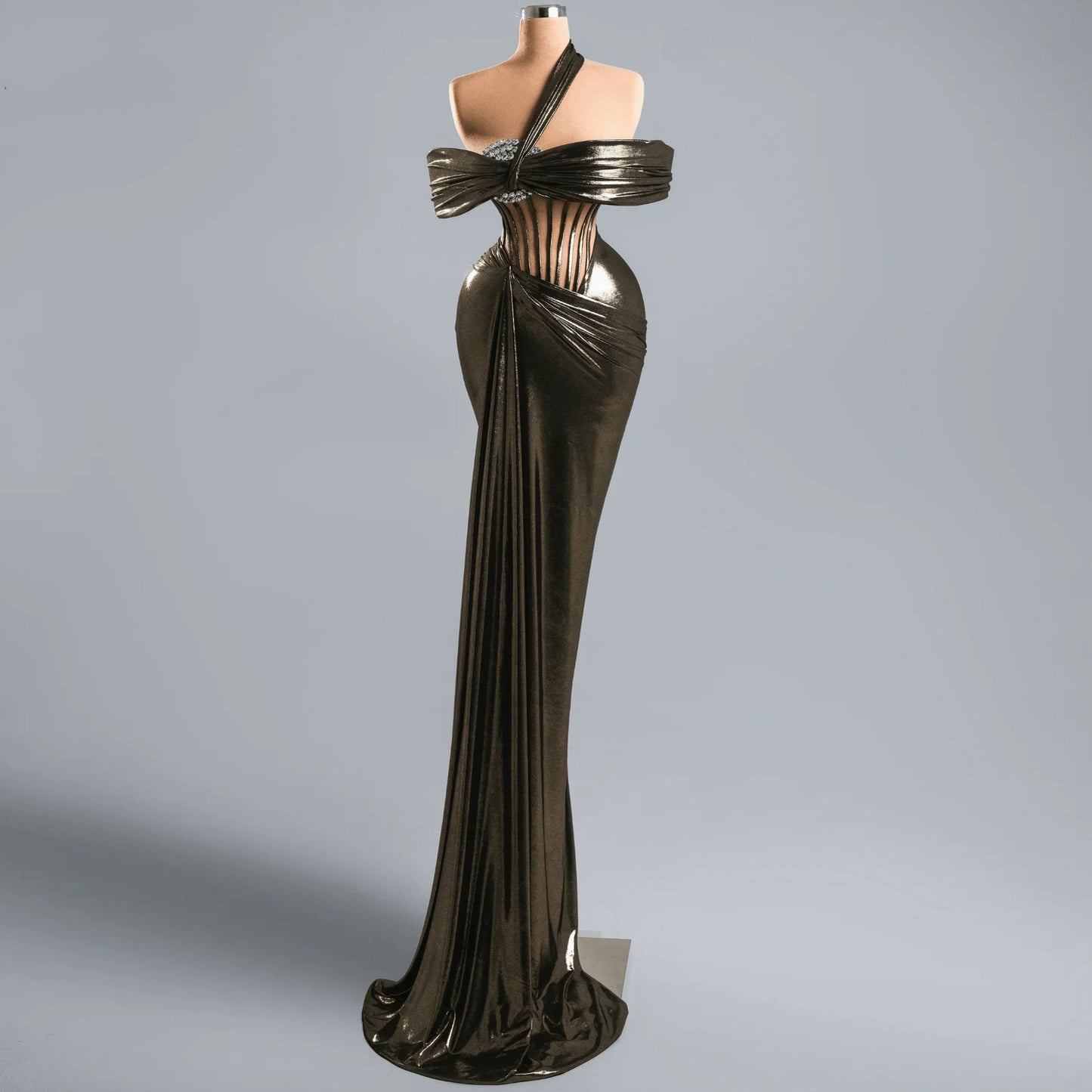Sleek Off-Shoulder Sheath Evening Gowns Crystals Prom Dress AP6319