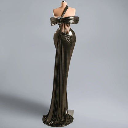 Sleek Off-Shoulder Sheath Evening Gowns Crystals Prom Dress AP6319