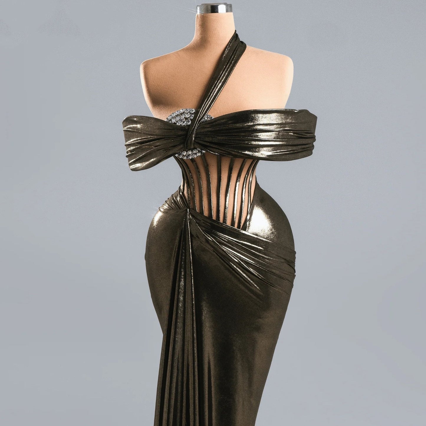 Sleek Off-Shoulder Sheath Evening Gowns Crystals Prom Dress AP6319