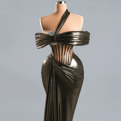 Sleek Off-Shoulder Sheath Evening Gowns Crystals Prom Dress AP6319
