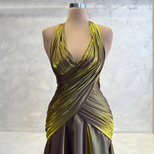Dainty Halter Neck A-Line Evening Gowns Pleated Satin Prom Dress AP6020