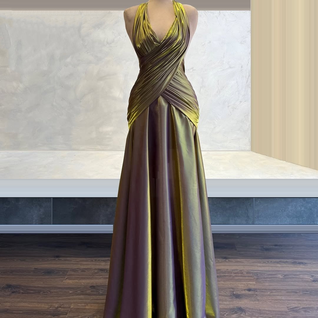 Dainty Halter Neck A-Line Evening Gowns Pleated Satin Prom Dress AP6020