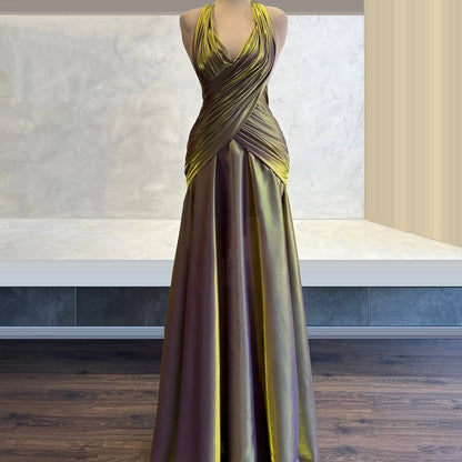 Dainty Halter Neck A-Line Evening Gowns Pleated Satin Prom Dress AP6020