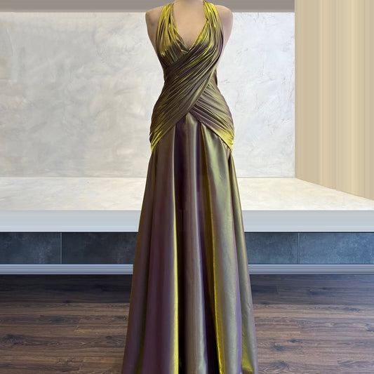 Dainty Halter Neck A-Line Evening Gowns Pleated Satin Prom Dress AP6020