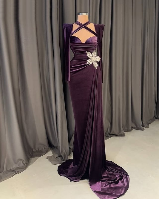 Ornate Sweetheart Neck Sheath High-Slit Evening Gowns Floral Crystals Long Sleeve Prom Dress AP6324