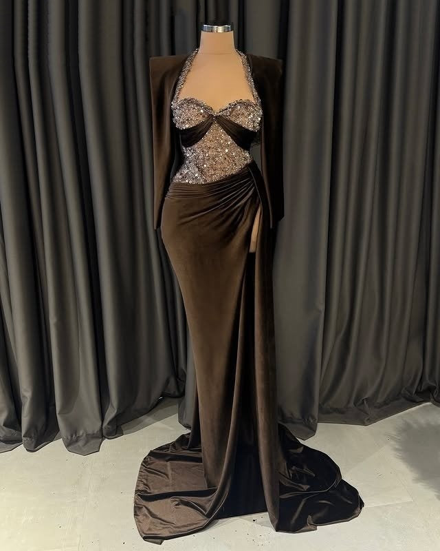 Fabulous Sweetheart Neck Sheath High-Slit Evening Dress Sequins Long Sleeve Prom Dress AP6325