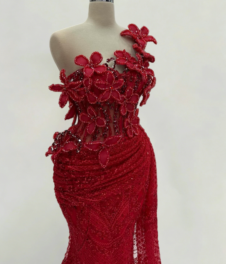 Luxurious One Shoulder Red Mermaid Evening Dresses Crystals Sequins Floral Prom Dress AP6327