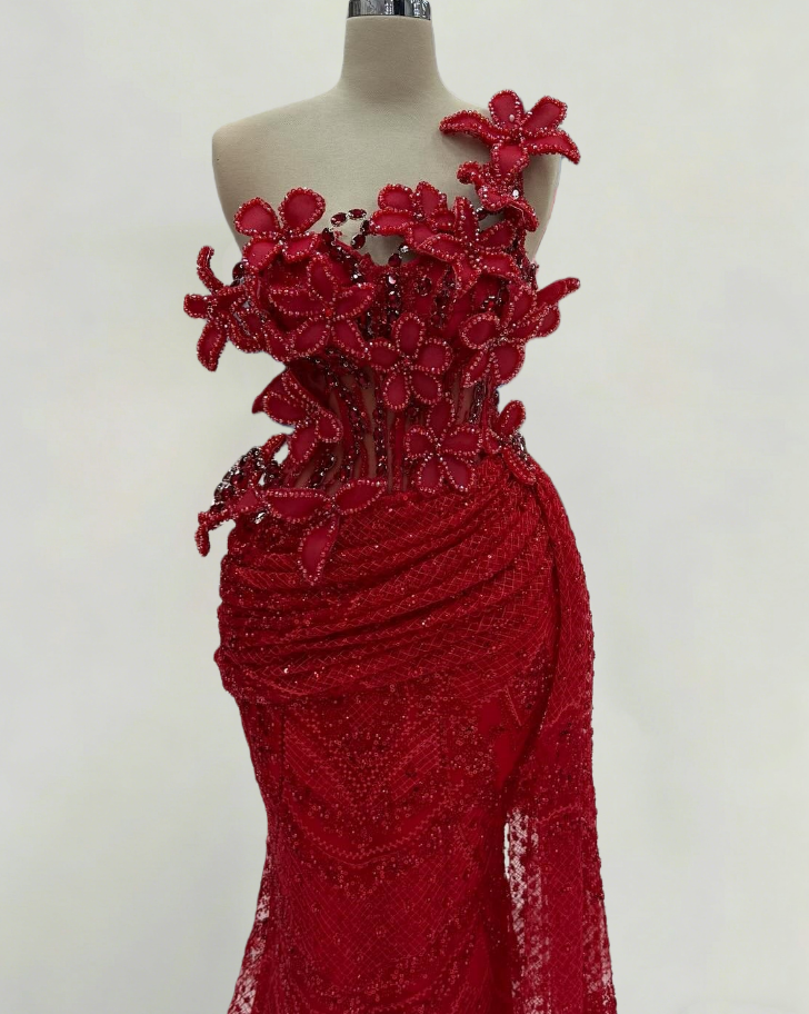 Luxurious One Shoulder Red Mermaid Evening Dresses Crystals Sequins Floral Prom Dress AP6327