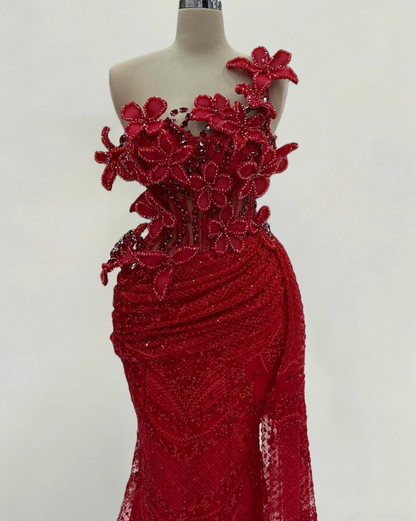 Luxurious One Shoulder Red Mermaid Evening Dresses Crystals Sequins Floral Prom Dress AP6327